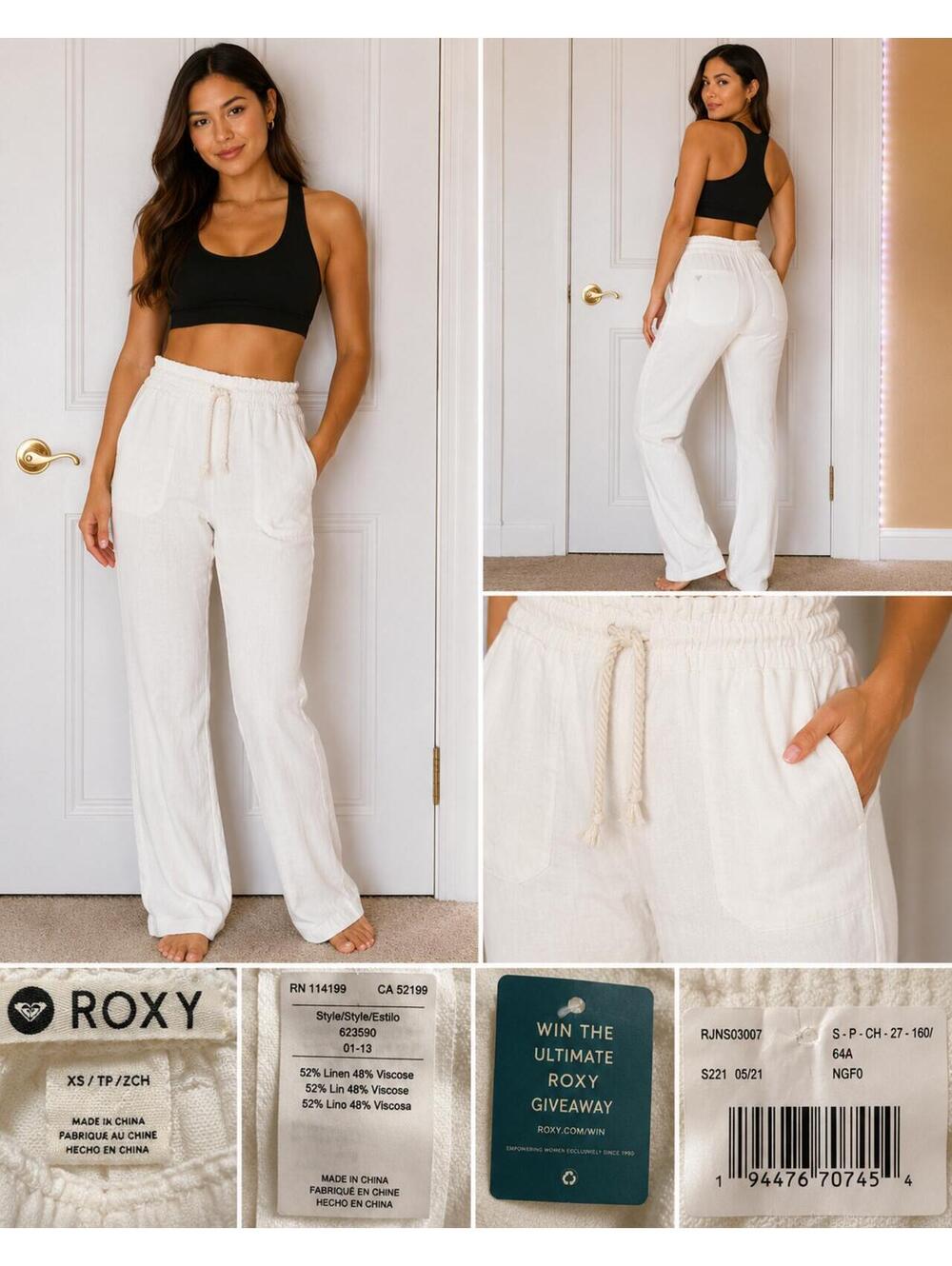 Roxy White Linen Blend Pull-On Pants Size XS